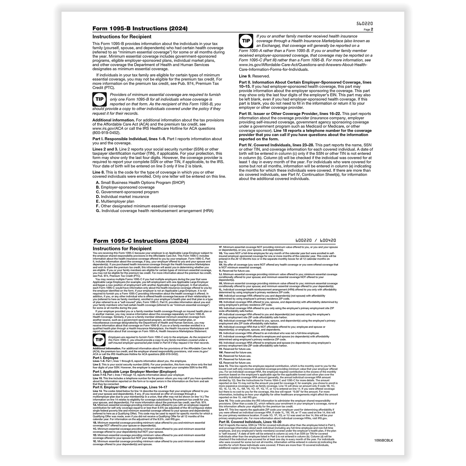 Picture of 1095-B & C Health Coverage Blank w/Backer Instructions