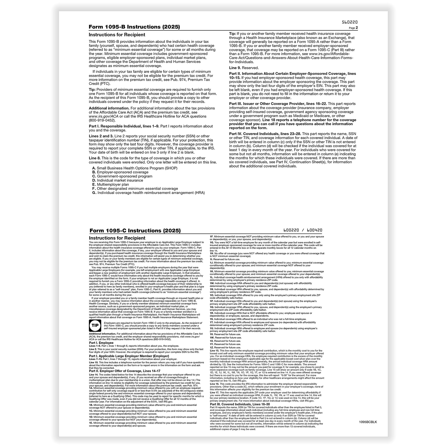 Picture of 1095-B & C Health Coverage Blank w/Backer Instructions