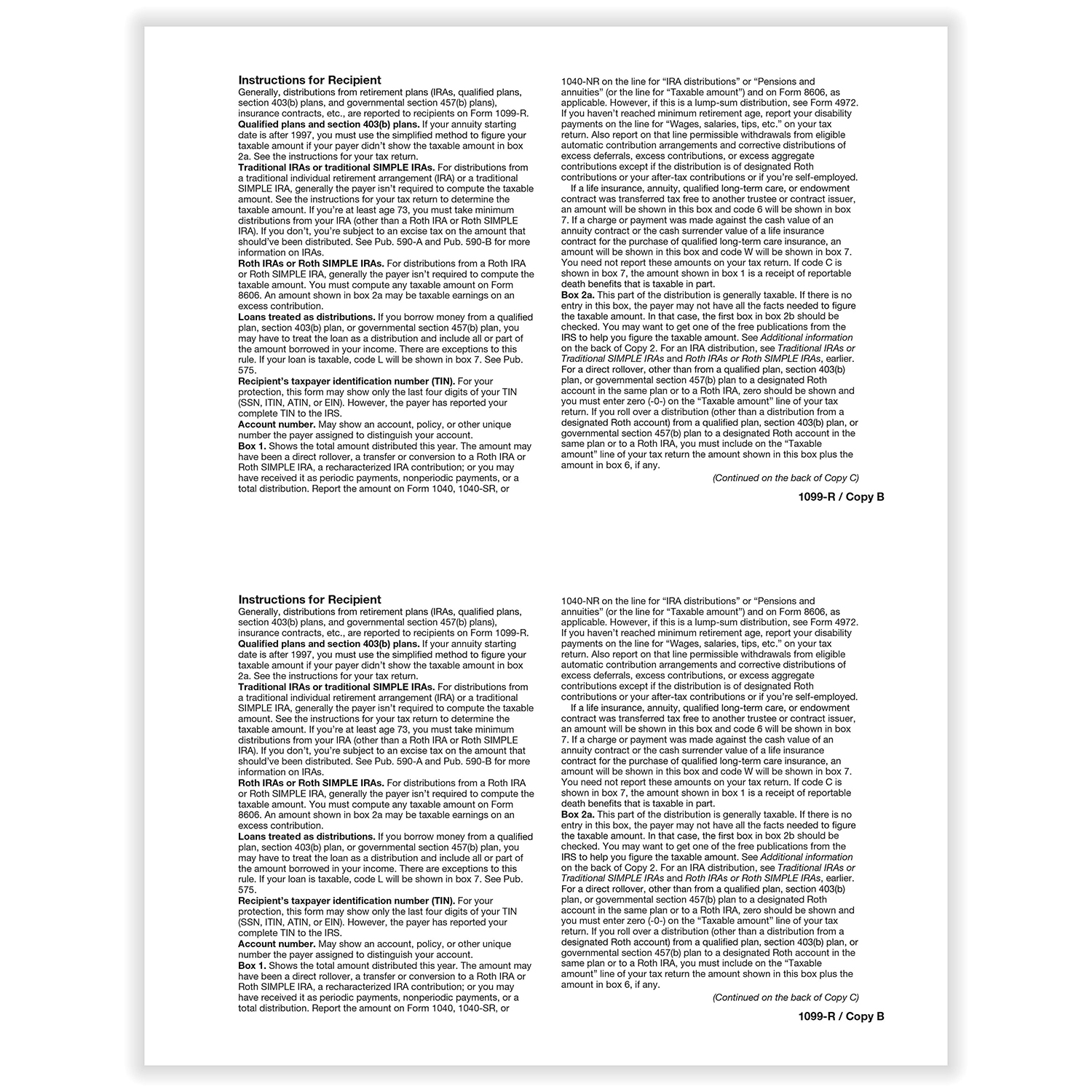 1099-R, 2-Up, Recipient Copy B | Formstax