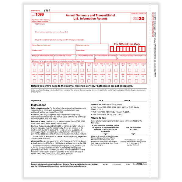 1096 Laser Transmittal Irs Approved 1096 Tax Form Formstax