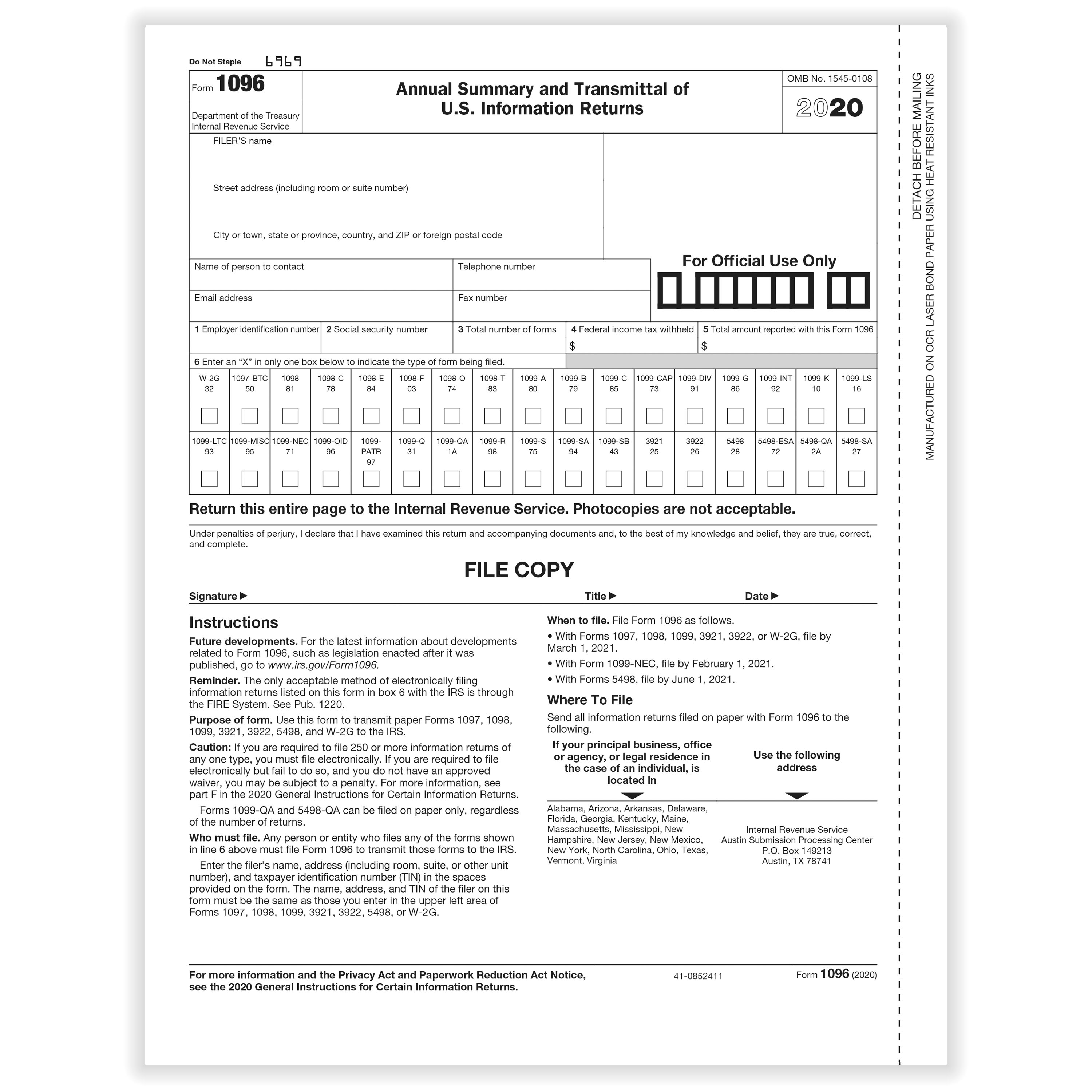 1096 Laser Transmittal IRS Approved 1096 Tax Form Formstax
