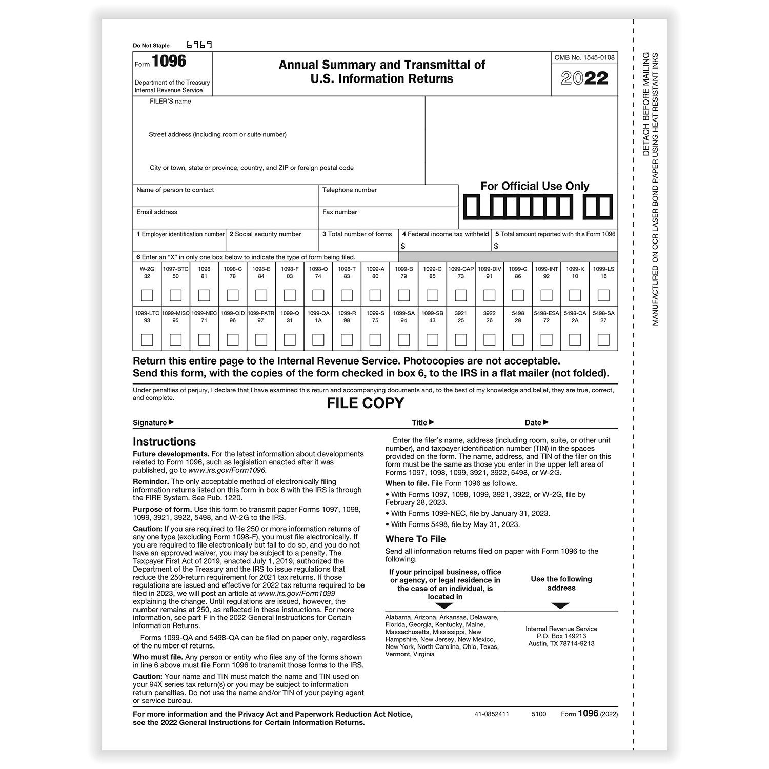 1096 Laser Transmittal IRS Approved 1096 Tax Form Formstax