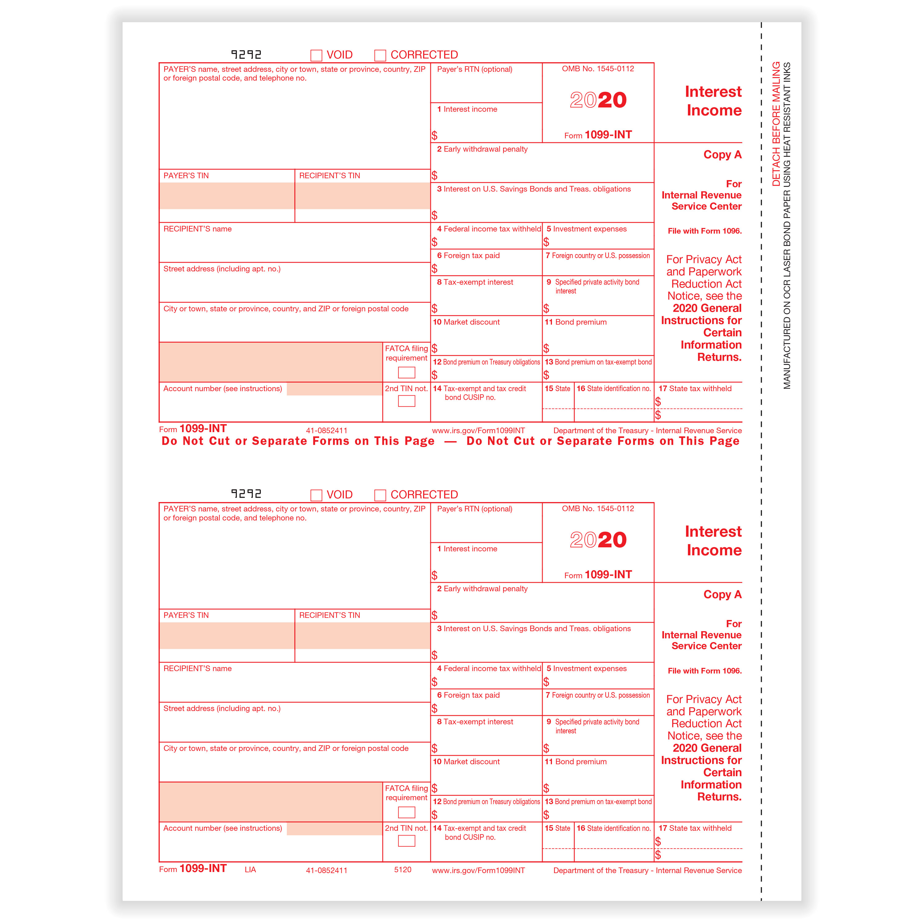 2020 Laser 1098 Tax Forms Federal Copy A 100/Pk 