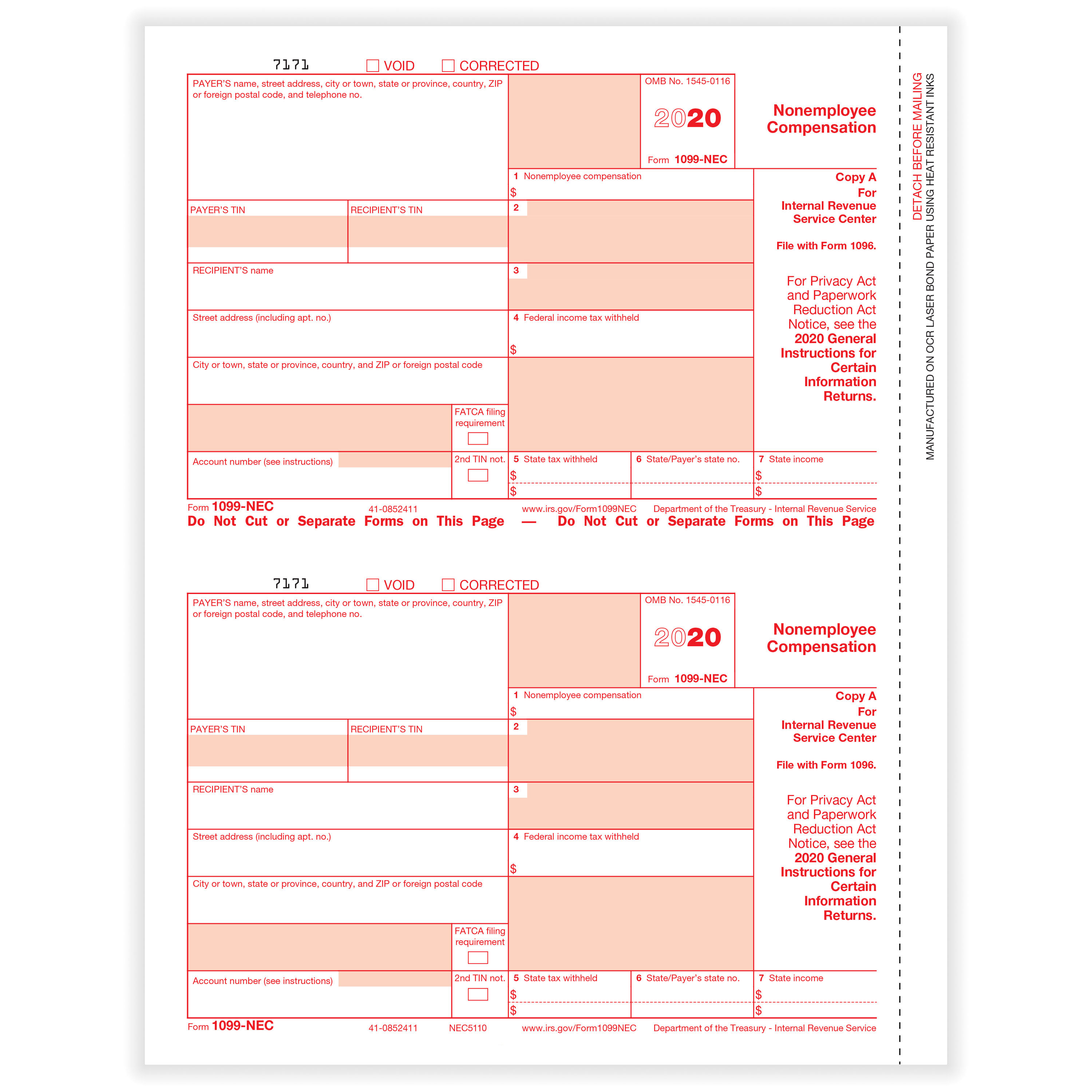 1099 NEC 2 Up Individual Fed Copy A Formstax