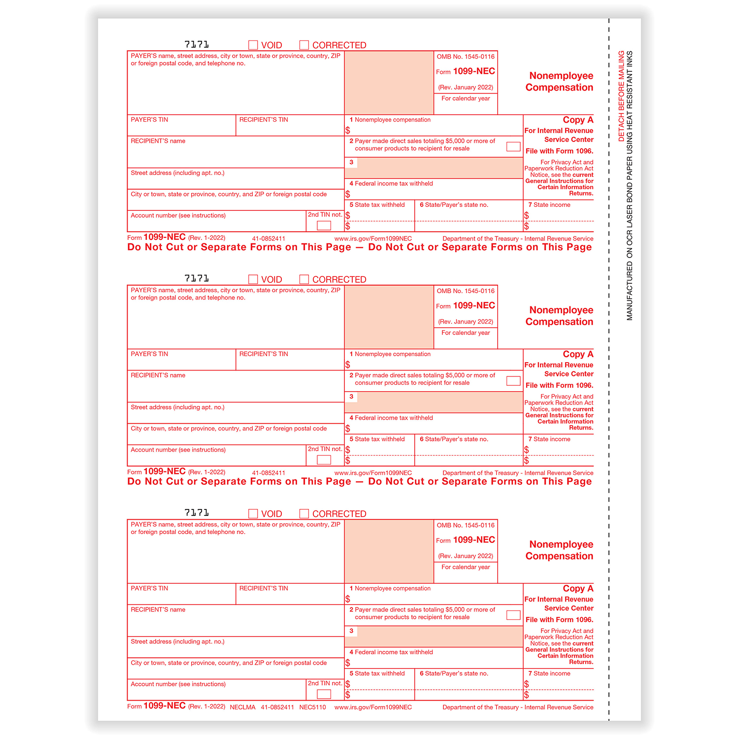 1099 NEC 3 Up Individual Fed Copy A Formstax