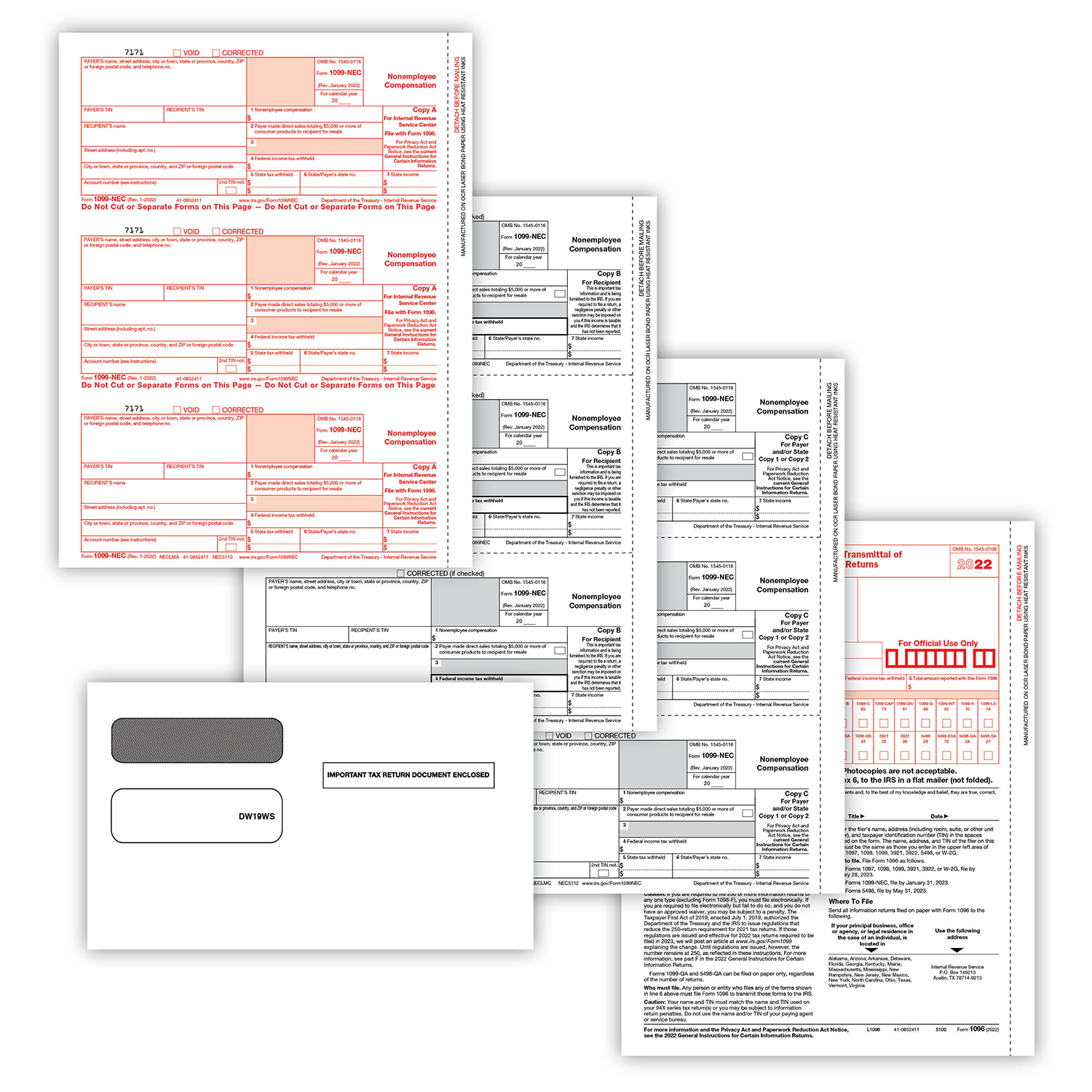 1099NEC 3Up 3Part Set w/ SelfSeal Envelopes Formstax