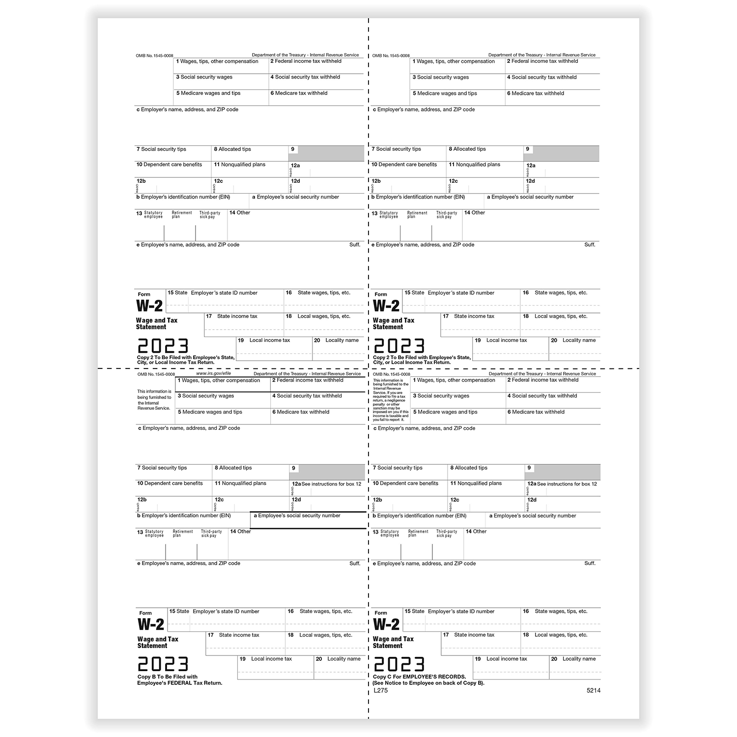 Picture of W-2 4-Up M-Style Alternate Employee’s Copies B, C, 2, 2