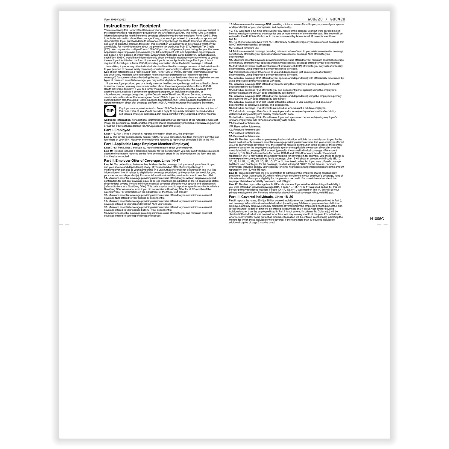 Picture of 1095-C Employer Provided Health Insurance - Employee/Employer Copies - Bulk