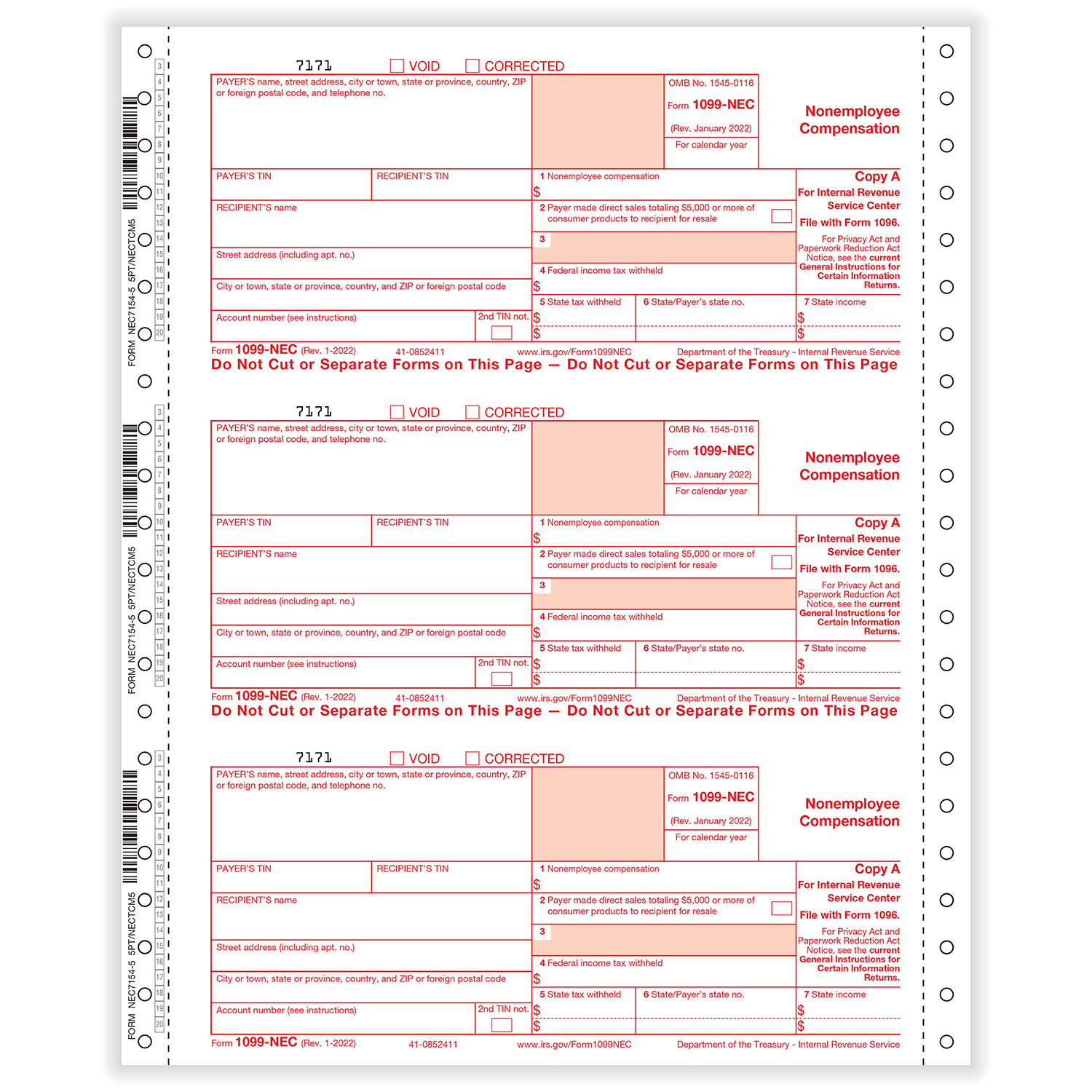 Picture of 1099-NEC Tax Forms, 5-Part, Copy A, B, C, C, C, Continuous, 9" x 11-1/2"