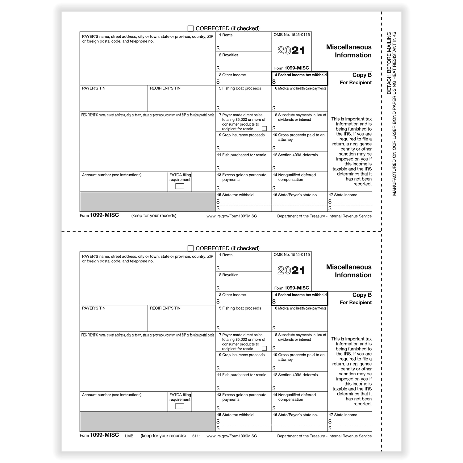 1099 Misc Laser Recipient Copy B Tax Business Form Formstax