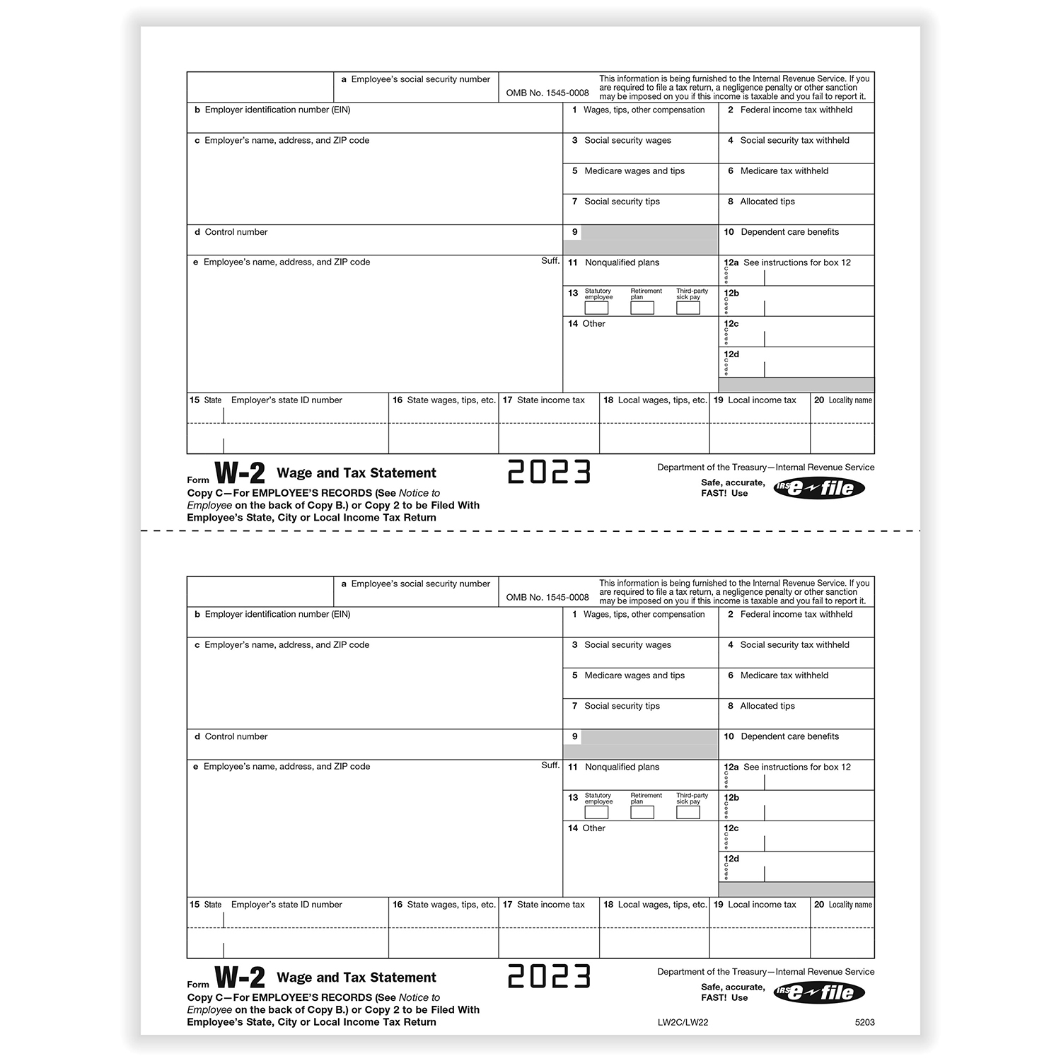 Picture of W-2 2-Up Employee Copies 2 & C