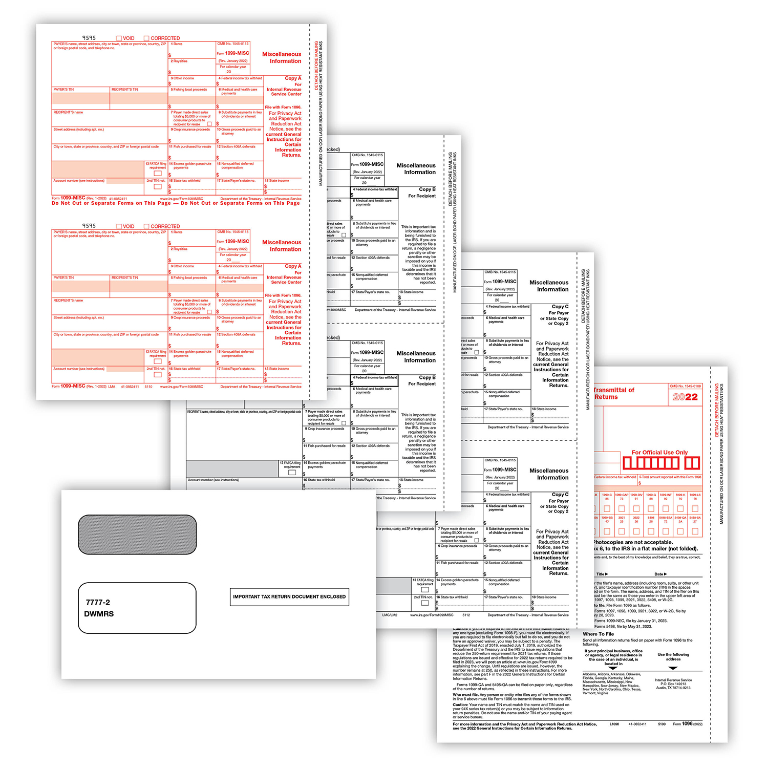 and 1096 Transmittal Forms Self-Seal Qty for 10 Vendors/Suppliers Compatible with QuickBooks IRS Approved 2020 1099-MISC Miscellaneous Income Preprinted 4-Part 2-Up TaxPacks with Envelopes 