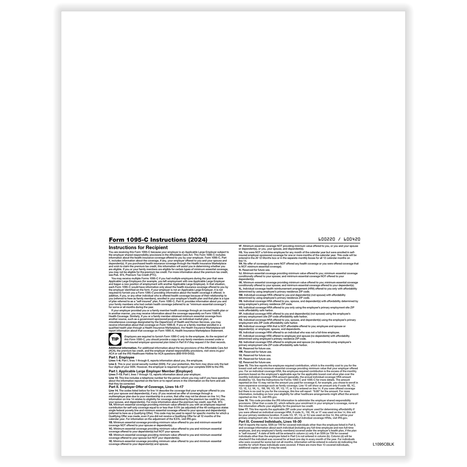 Picture of 1095-C Employer Provided Health Insurance Blank w/ Backer - Portrait