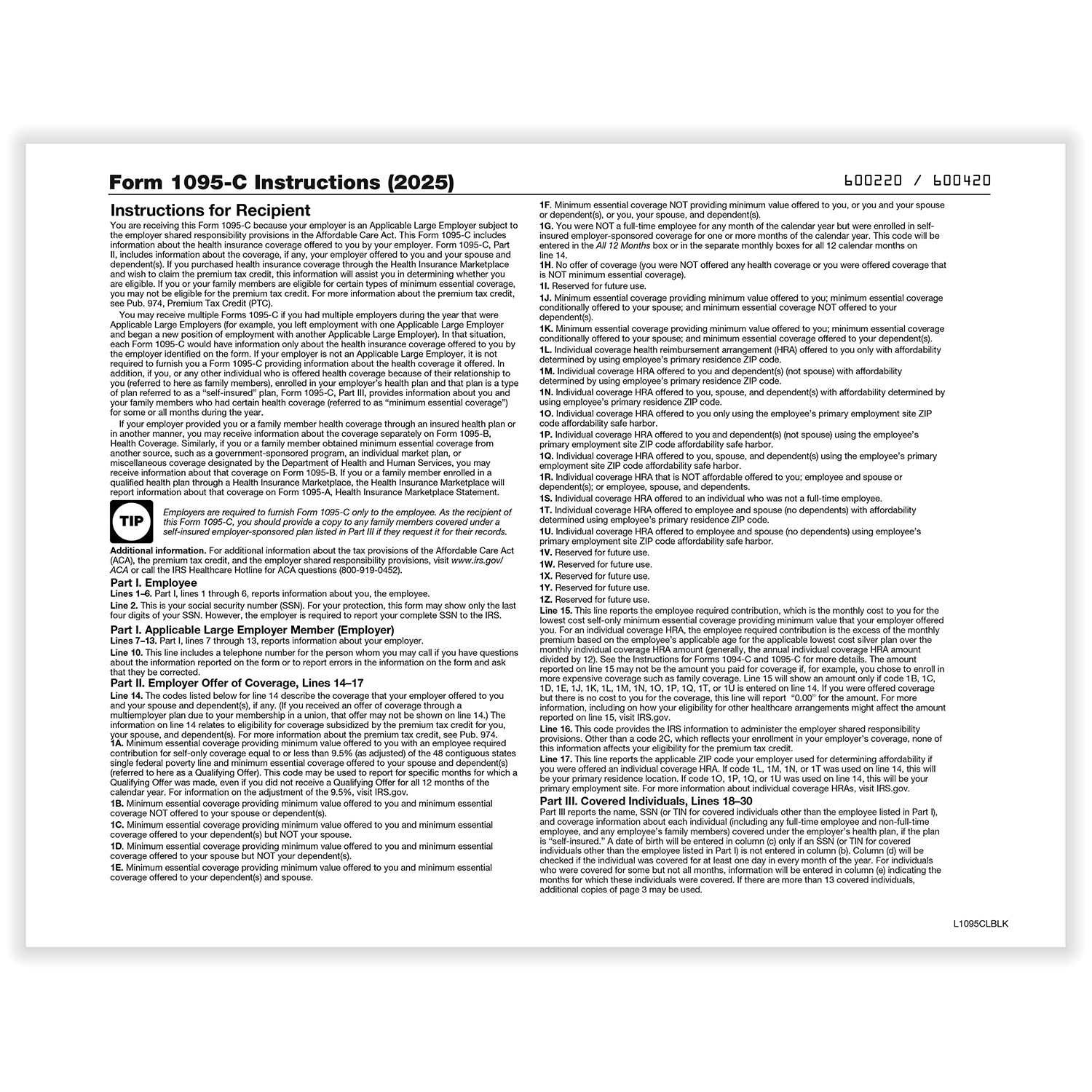 Picture of 1095-C Blank Tax Form with Backer, Landscape, Laser