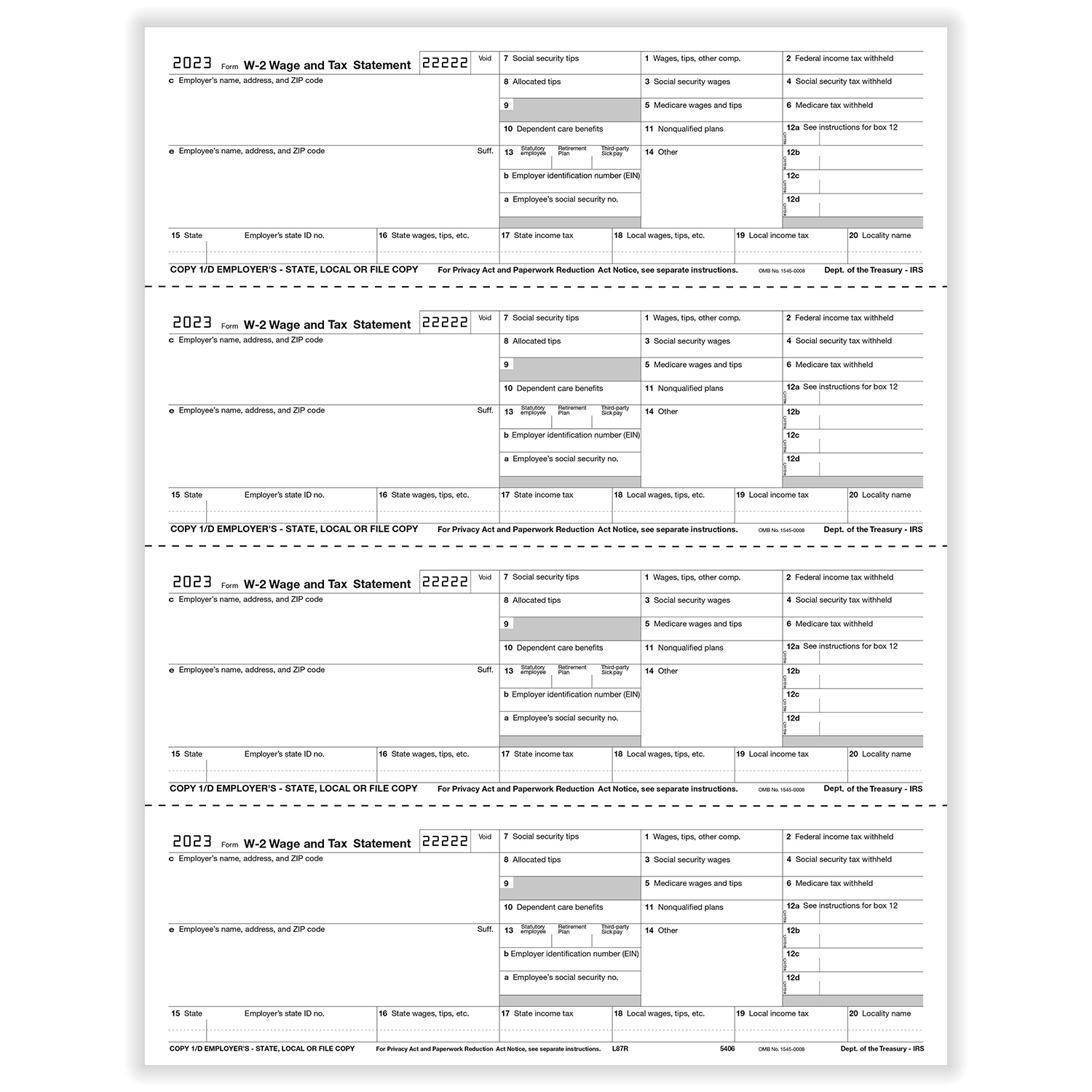 Picture of W-2 4-Up Employer Copies 1/D - Horizontal
