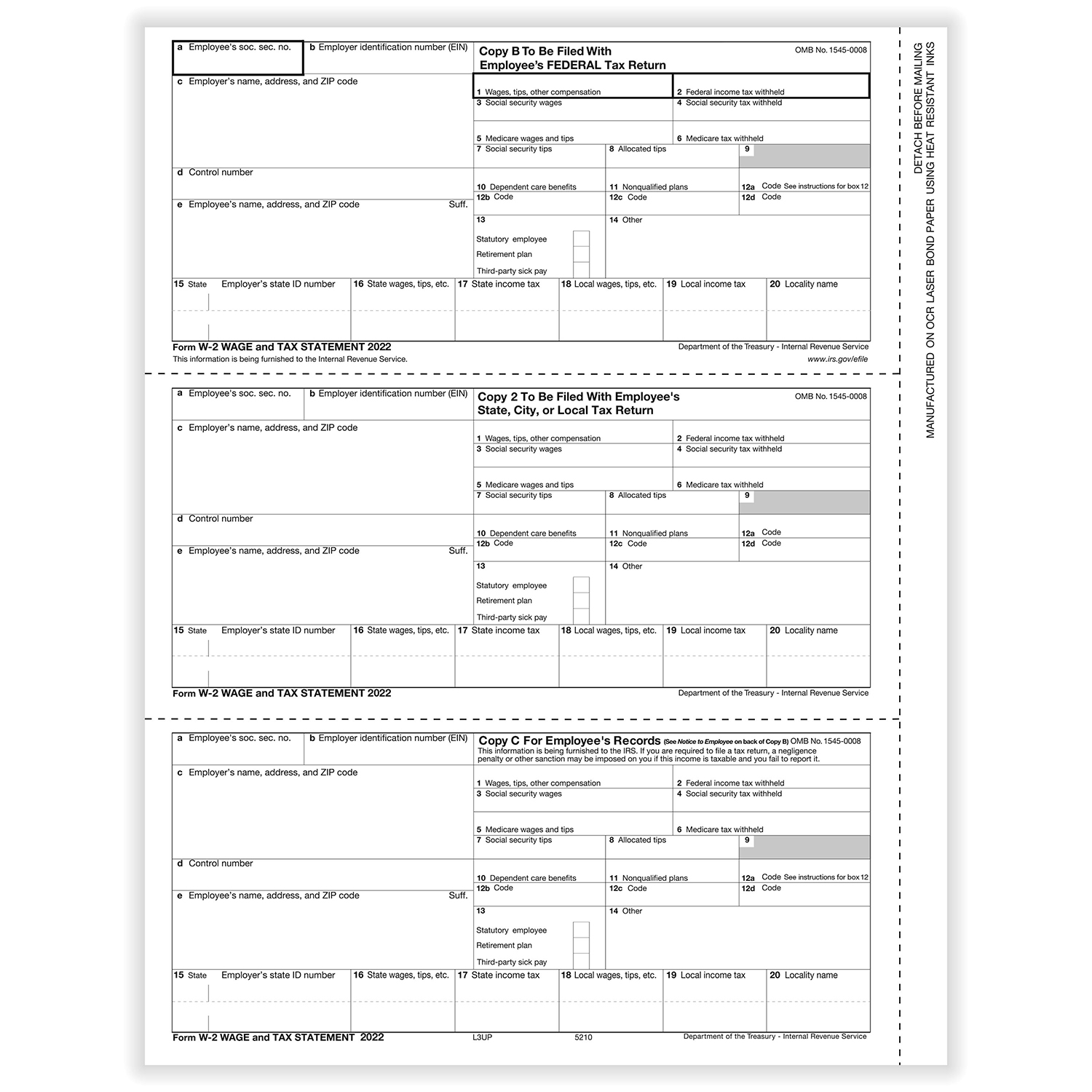 Picture of W-2 3-Up Perforated Employee Copies B, C and 2 - Horizontal