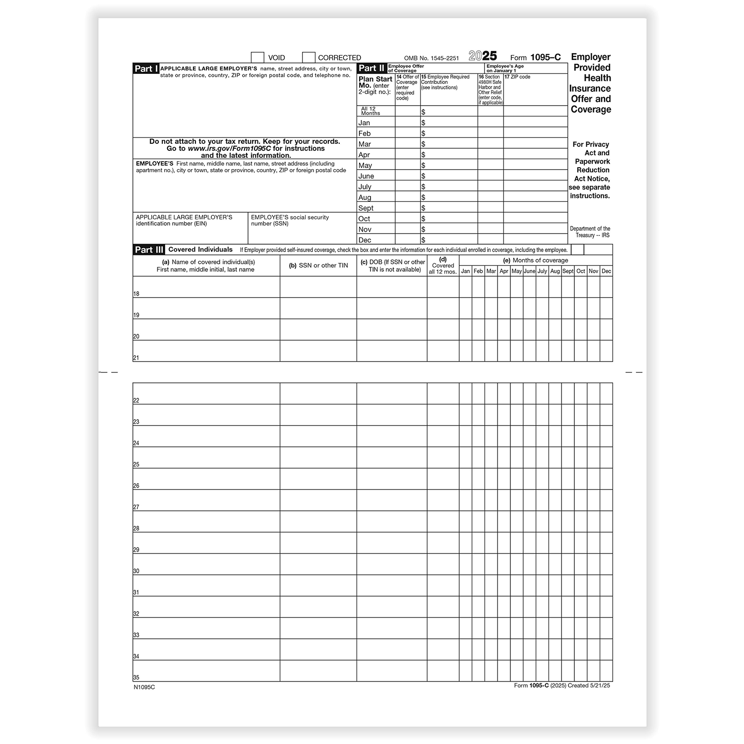 Picture of 1095-C Employer Provided Health Insurance - Employee/Employer Copies - Bulk